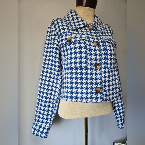 ONLY Blue and White Houndstooth Women's Waist Length Jacket. Size Small - Picture 2 of 13